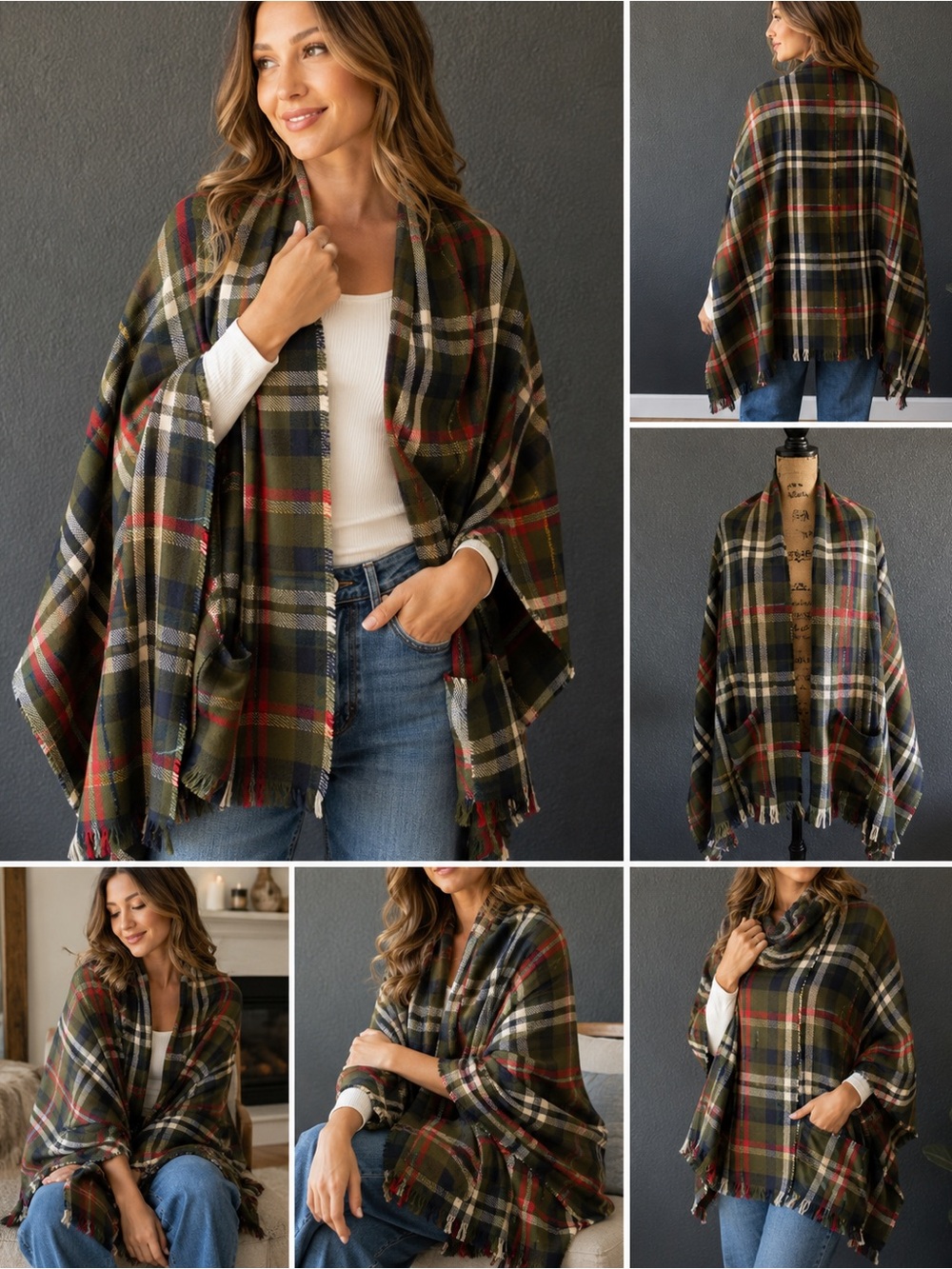 Grace & Lace Evergreen Plaid Pocket Wrap Poncho Shawl NIP
